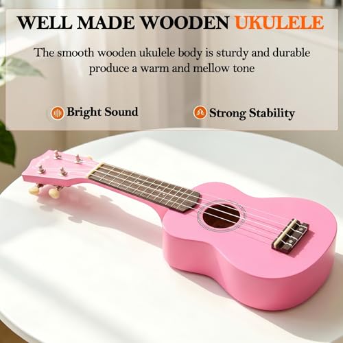 Image of Everjoys Soprano Ukulele Beginner Kit 21 Inch w /Free Online Lesson Gig Bag Tuner Picks Strap, Fast to Learn (Pink)