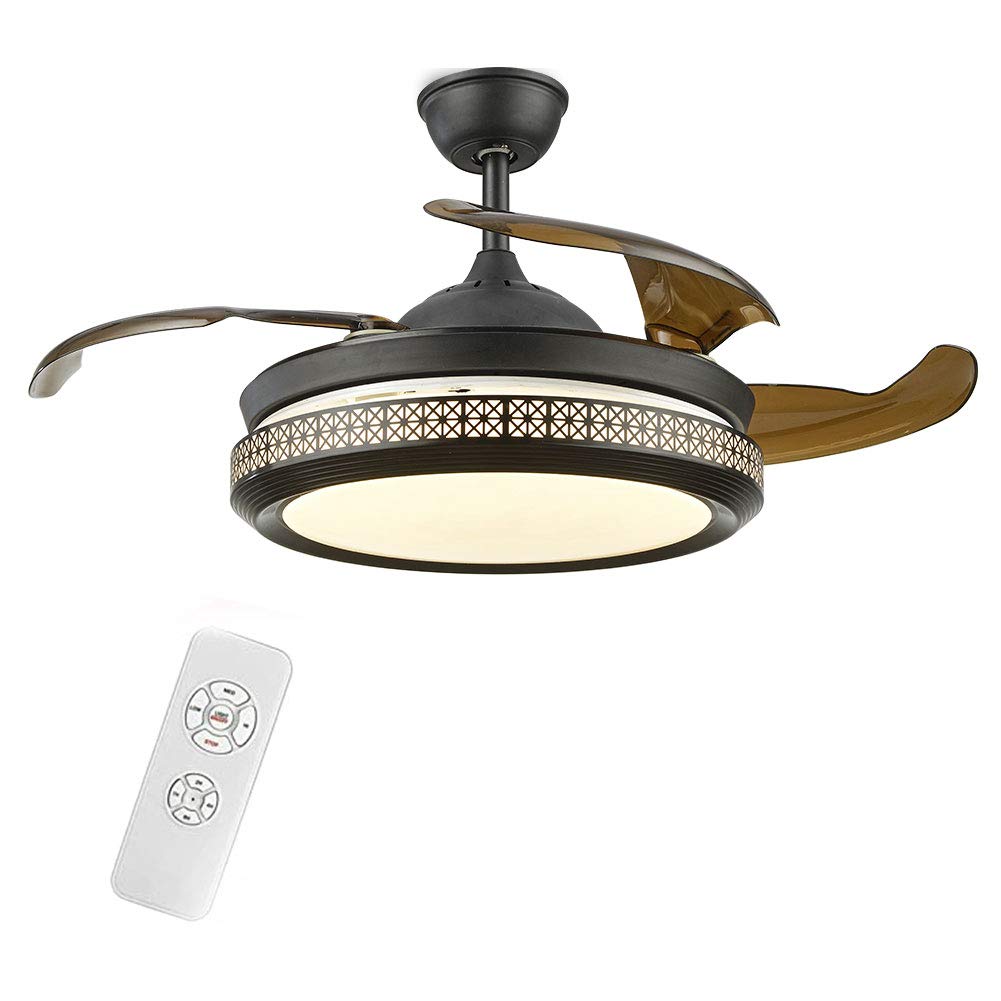42 Inch Ceiling Fan with LED Light and Remote, Black Bird Nest Lamp Shade Light Modern Retractable Hidden Blade Ceiling Fan Chandelier with Remote Control 3 Color 3 Speed for Living Room Bedroom