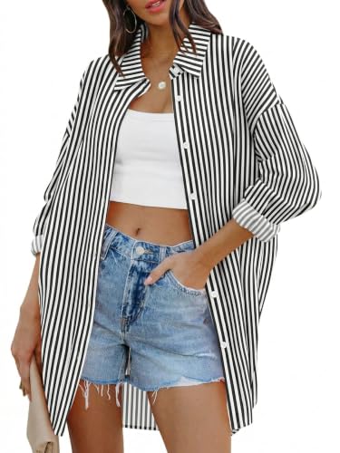 Image of FSHAOES Womens Oversized Button Down Shirts Casual Loose Long Sleeve Solid Lapel Long Blouses Tops with Pockets