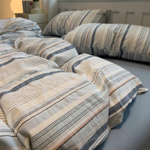 Image of mixinni Vintage Blue and White Striped Duvet Cover Set King - 100% Washed Cotton 3 Piece Bedding Set with Geometric Pattern, Soft Breathable Comforter Cover with Zipper Closure & Corner Ties