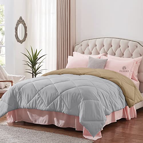 Image of Filbert - Double Bed Comforter for Winter 300 GSM Reversible Microfiber Soft & Cozy Diamond Stitch Quilt (90 inch x 100 inch Inches /228cm x 254cm) - Comforter Double Bed|Silver /Beige
