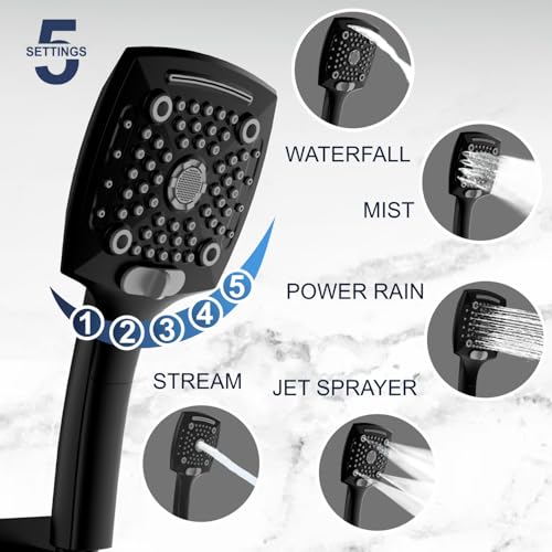 Image of ELLO&ALLO Rain Shower Head with Handheld Spray, Rainfall Shower Head Combo with 60 inch Hose, Dual Showerhead Set with Adjustable Shower Extension Arm, Matte Black