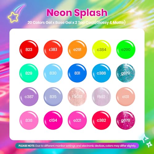 Image of Beetles Neon Gel Nail Polish Set 20 Colors, Bright Color Rainbow Gel Polish | with Base Coat Glossy Matte Top Coat, Glitter Soak Off UV LED Nail Gel for Women