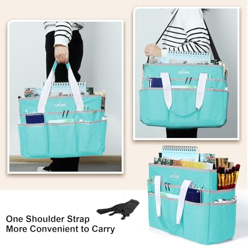 Image of JJRING Craft Organizer Tote Bag, Large Art Storage Caddy with Multiple Pockets, Sky Blue Sewing Bag for Art, Craft, Scrapbooking, School, Medical, and Office Supplies Storage