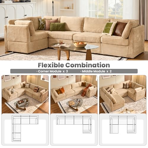 Image of ovios Modular Sectional Sofa Couch with V-Shape Chaise Convertible, Comfy Plush Corduroy Cloud Couches, Modern Luxury Deep Seat Sofas Set for Living Room, 5-Seater, Beige