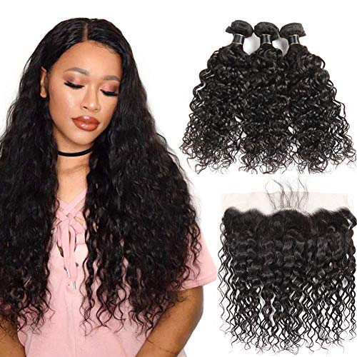 Brazilian Water Wave Bundles with Frontal Wet and Wave 100% Virgin Human Hair Bundles with 13X4 Frontal Unprocessed Hair Extensions Natural Color (12 14 16+12 Frontal)