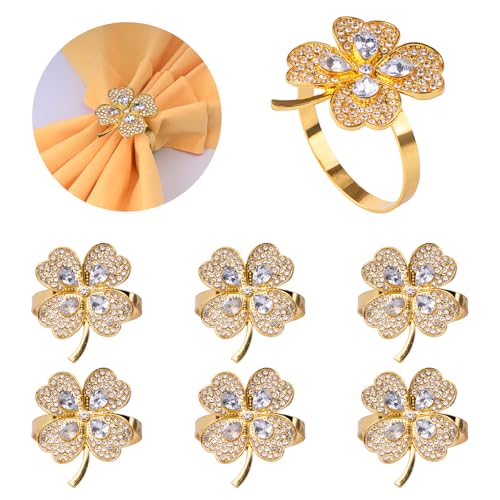 Napkin Rings Set of 6 Four Leaf Clover Gold Napkin Holder Ring for Table Decoration,Wedding,Family Dinner,Party, Christmas,Thanksgiving Day,Birthday