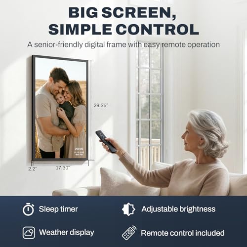 Image of 32 inch Large Digital Picture Frame, 64GB, Anti-Glare Non-Touch, WiFi Wall-Mount Frame for Home /Business, 1920x1080 FHD, Share via App, Email, USB & Micro SD, Remote Included, Black