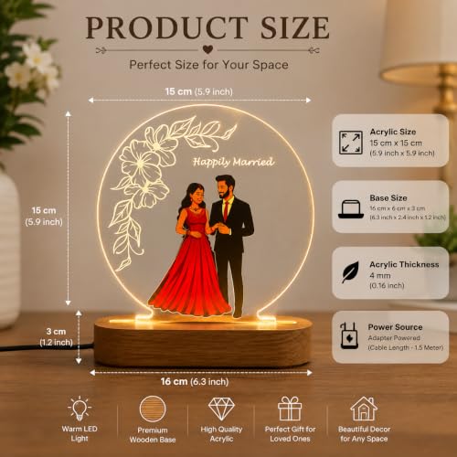 Image of Personalized Couple Photo Acrylic LED Lamp | Custom Romantic Night Light with Floral Artwork & Wooden Base | Anniversary, Wedding, Engagement, Valentine's Day Gift (Design 2)