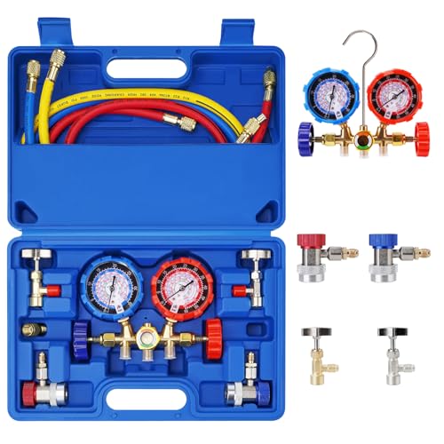 Langawaser AC Gauges, AC Manifold Gauge Set for R134a R12 R22 R502, 3 Way Automotive AC Gauge Set with Antishock Gauges Hoses Couplers Adapter, Puncturing Can Tap Freon Recharge Kit
