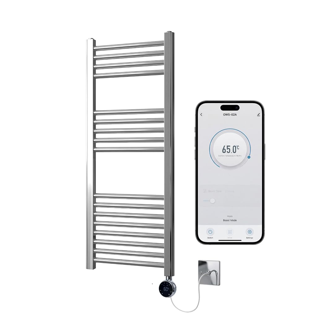 Toallero eléctrico cromado con WiFi (400 mm de ancho x 1000 mm de alto) | Control inteligente WiFi, diseño plano, programación de 7 días, compatibilidad con aplicaciones