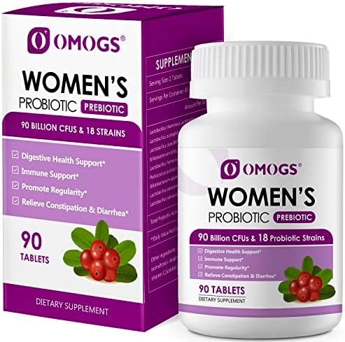 OMOGS Women's Probiotic,with Cranberry Extract and Organic Prebiotics,90 Billion CFUs,18 Strains,Help for Boost Immune,Digestive, Gut and Women's Health,Gluten Dairy Yeast & Soy Free, 90 Tablets
