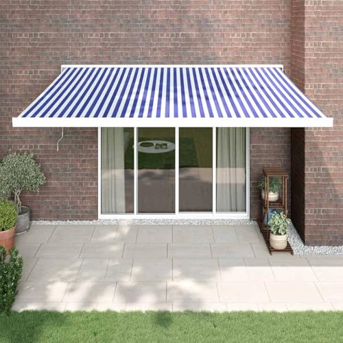 Toldo retráctil azul y blanco de 4 x 3 m, toldo plegable de aluminio para patio con motor, montaje en pared, resistente a los rayos UV, parasol para terraza y jardín