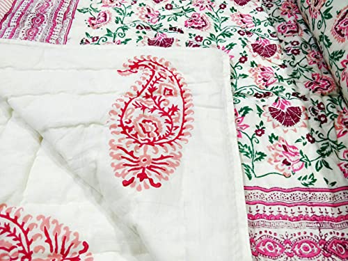 Image of BLOCKS OF INDIA Cotton Single Size Quilt Hand Block Print for Light Winters (60X90 Inches) (Pink Jaal), Lightweight, 300 TC