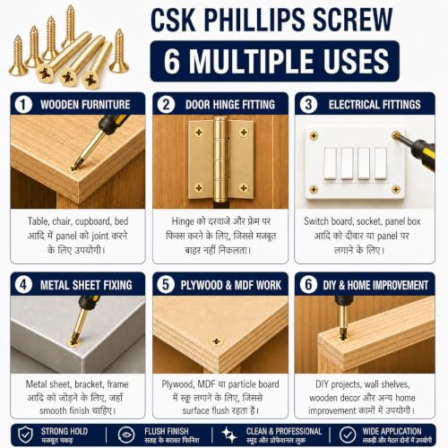 Image of By inchVP INDUSTRIES inch (Pcs-50) No.8x32 mm CSK Phillips Head Self-Tapping Screw - Brass Gold Finish, Star Slot, Philips Drive for Wood, Plywood & Plasterboards