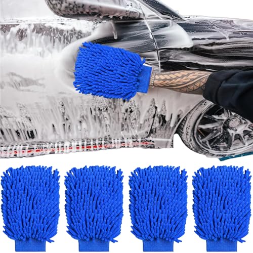4 PCS Car Wash Mitts - Blue Cleaning Gloves