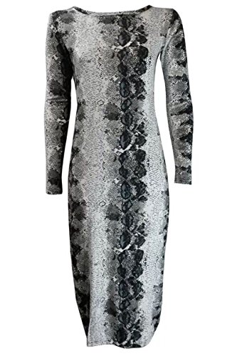MA ONLINE Vestido midi de manga larga para mujer, elástico, ajustado, estampado, talla grande, Vestido estampado de serpiente, UK 12-14 = US 8-10