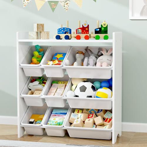 Image of MallBest Kids Toy Organizer with 9 Bins – 4-Tier 100% Solid Wood Storage Shelf for Playroom or Nursery, White Kids Storage Cabinet