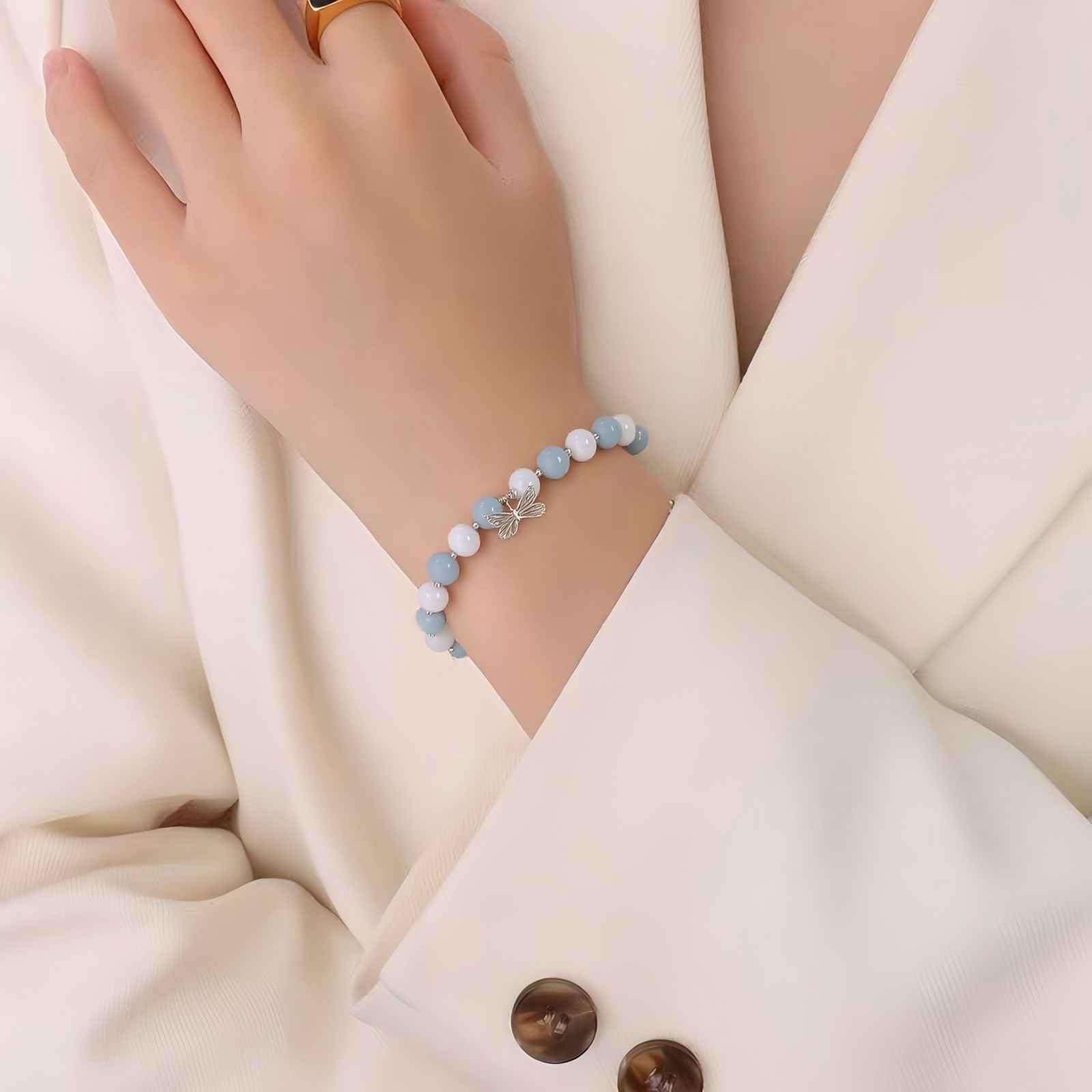 LYGBAOFUL Pulsera elástica, Piedra de Ojo de Gato, Pulsera de Aguamarina para Mujer, Cuentas de Cristal Natural, Regalo de joyería