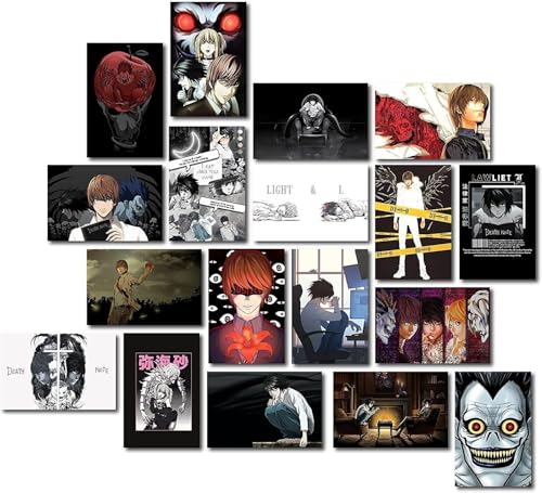 Image of ATEVON Death Note Wall Poster Set of 18 - 6x4 Inch Unframed Mini Collage Kit Featuring Light Yagami, L, Ryuk - Japanese Manga Room Decor for Fans