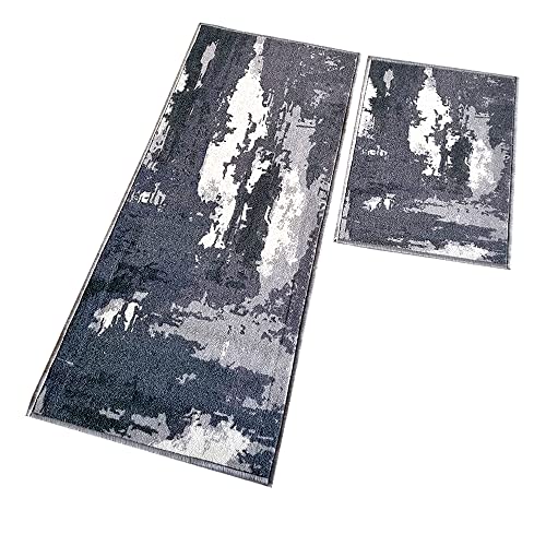 Image of Matz&More Anti Slip Kitchen Runner & Doormat Combo (50x120cm + 40x60cm), Nylon Tufted Floor Mat with Rubber Backing, Carpet for Kitchen, Hallway, Bedroom, Bathroom, Entrance & Bedside, Abstract Blue