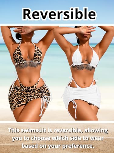 Image of ShawGobow Womens 3 Piece Leopard Bikini Set,Triangle String High Cut Thong Sexy Swimsuit & Coverup Skirt,Pool Party Outfit
