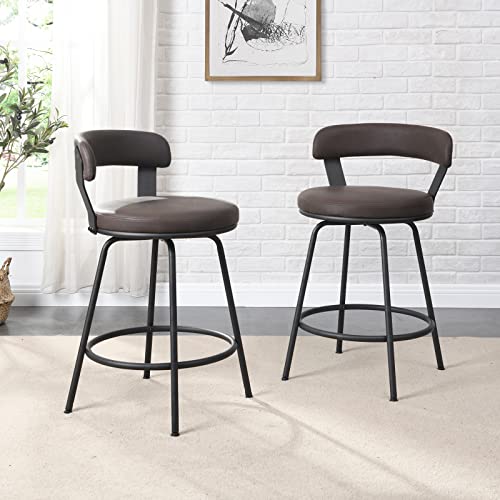 Ferfalder Bar Stools Set Of 2-Metal Stools For Kitchen Counter Pu Leather Barstools Swivel Bar Chairs For Dining Cafe,Metal Footrest,24” Brown #TOP5