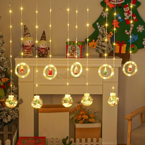 Image of HashWOW LED Curtain String Light Plastic Ring & Wishing Ball, Warm White Window Curtain Lights with 8 Flashing Modes Decoration for Christmas Party, New Year Home Decor, Patio Lawn (Plug Powered)