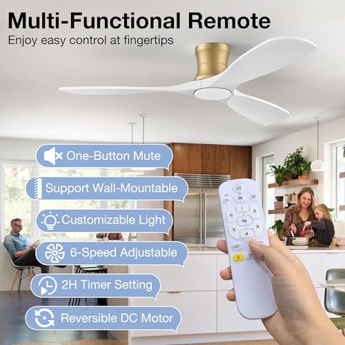 Image of 52 inch Low Profile Ceiling Fans with Lights Remote,Flush Mount,Wood,White Gold
