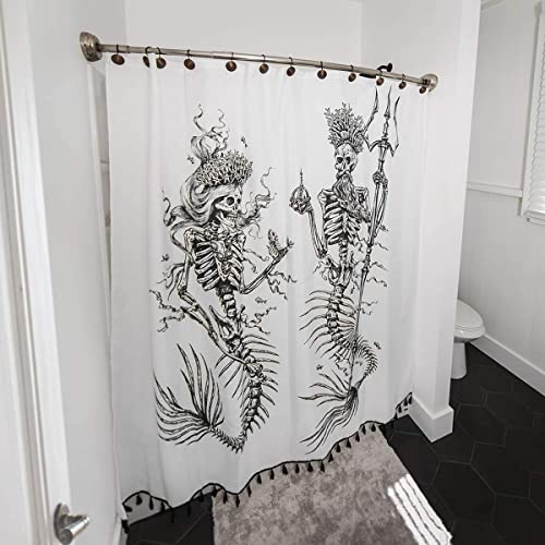 Mermaid Shower Curtain For Gothic Bathroom Decor- Gothic Shower Curtain For Mermaid Bathroom Decor - Water Resistant, Anti-Rust Metal Grommets, 12 Metal Hooks - Black & White Tasseled #TOP2