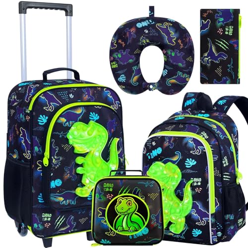 Image of CCJPX 5Pcs Kids Luggage for Boys, Dinosaur Rolling Travel Carry on Suitcase for Toddler Children with Wheels(Black)