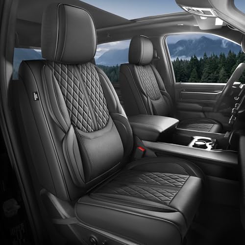 FEINEPRO Car Seat Covers for Dodge Ram 1500/2500/3500 Crew Regular Quad Cab 2019-2026 4-Layer Waterproof Leather Truck/Pickup Seat Covers Full Set Black (Not for Curved Bench)