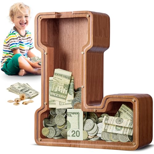 Image of Summidate Large Wooden Piggy Bank for Kids Adults, Alphabets Letter A-Z Piggy Bank for Boys Girls, Coins Bills Change Bank Box Personalized Initial Name Kids Money Bank for Birthday Present and Decor