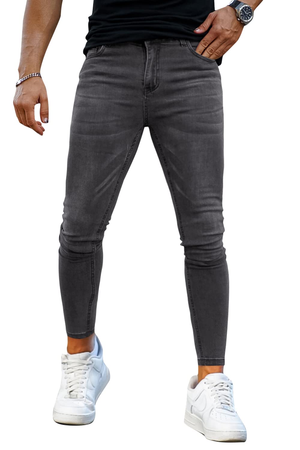 GINGTTOMen's Skinny Stretch Jeans Slim Fit Ripped Elastic Waist