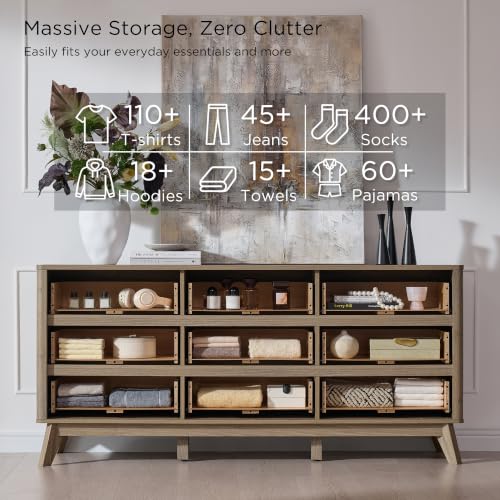 Image of T4TREAM 63 inch Wide Fluted 9 Drawer Dresser for Bedroom, Grey Alder
