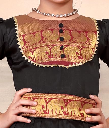 Image of Girls Silk Pattu Gown for Kids Traditional South Indian Long Ethnic Dress | Baby Girl Festival Pavadai Sattai Style Party Wedding Birthday Special Occasion Outfit