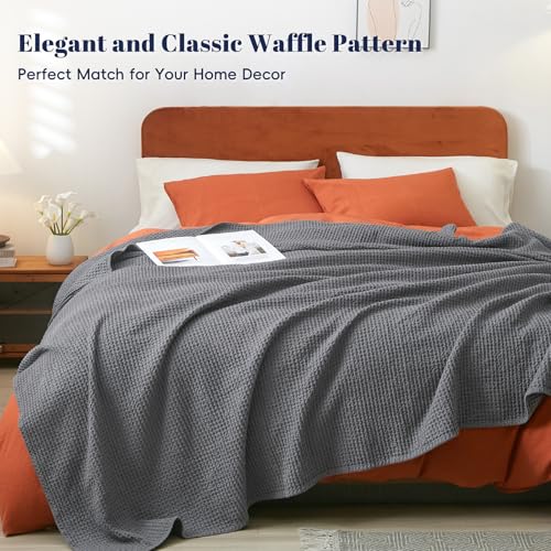 PHF 100% Cotton Waffle Weave Blanket Double Size 150 x 200cm, Pre-Washed Lightweight Breathable Throw Blanket for Summer, Oeko-TEX Certified for Bed Sofa, Home Decor, Charcoal Grey - Image 3