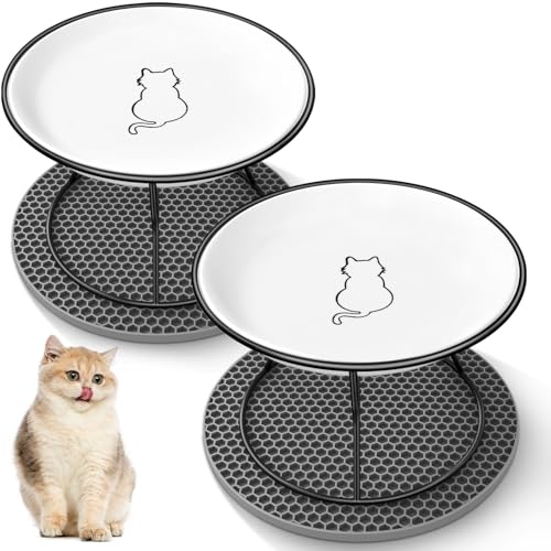 FoiiLiio Raised Cat Bowl, Pack of 2, Raised Feeding Bowl, Cat Ceramic Cat Bowl, Raised 10 cm Cat Bowls for Food, Water with Metal Stand, Black Feeding...