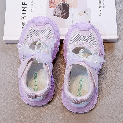 Girs Mesh Sneakers-Easy Strap, LaceBow & Pearl Detail- Lightweight CasuaShoes-Pink,Purple,Beige-EU 28-374