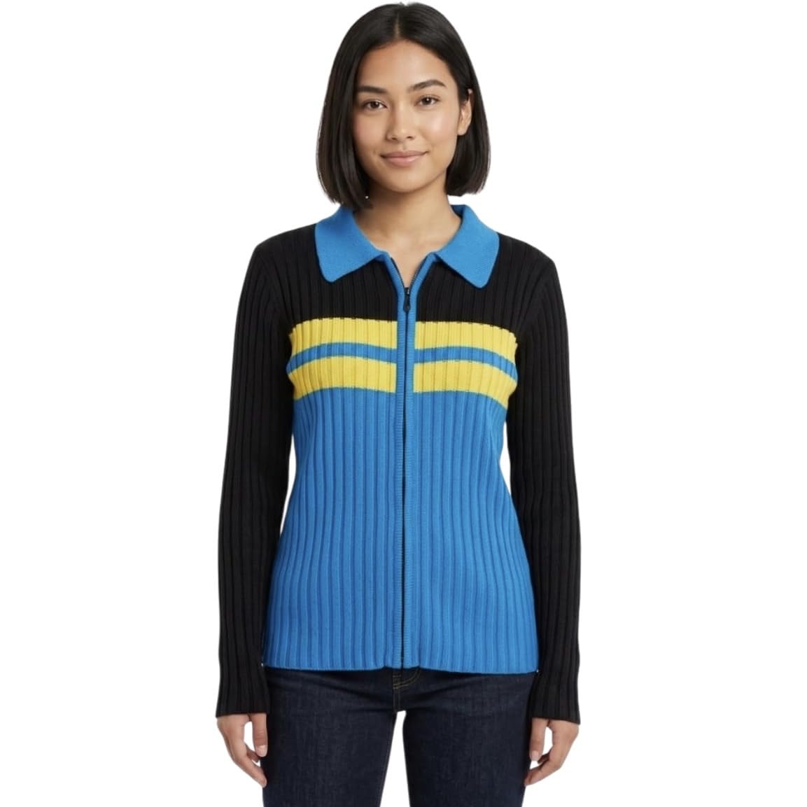 Women's Colorblock Ribbed Knit Zip-Up Cardigan, Blue, Black and Yellow Stripe, Collared Sweater, Size SToM-image-3