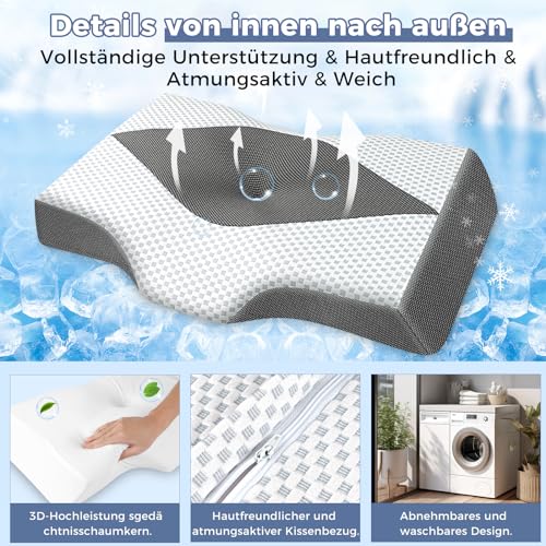 Hypuno Orthopädisches Memory Foam Kopfkissen Nackenstützkissen Gegen Nacken-& Schulterschmerzen mit 2 Höhen & Waschbarem Bezug, Grau–Ergonomisches Schlaf-& Komfortkissen für Seiten- & Rückenschläfer