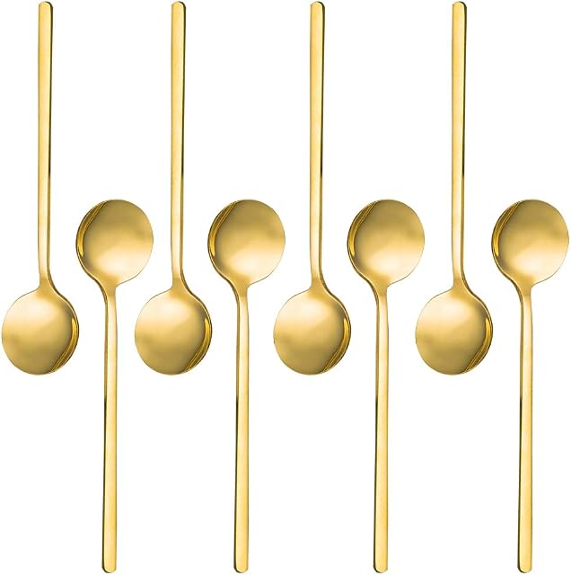 Pack of 8, Gold Plated Stainless Steel Espresso Spoons, SourceTon Mini Teaspoons Set for Coffee Sugar Dessert Cake Ice Cream Soup Antipasto Cappuccino, 5.3 Inch