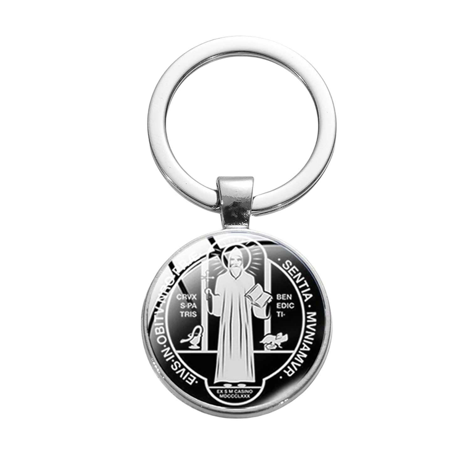ZEIA3San Benito Saint Benedict Medallion Saniro Keychain Judas Lorenzo Glass Cabochon Art Picture Medal Of San Catholic Key Chain New