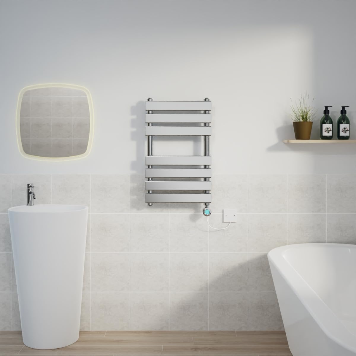 Warmehaus Chrome 650X400mm Designer Flat Panel Electric Heated Towel Rail Thermostatic Timer Bathroom Towel Radiator 400W