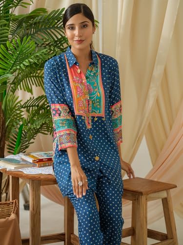 Image of Women's Printed Silk Blend Co-Ord Set Long Sleeves Shirt and Trouser Set for Women | Ethnic Co-Ord Set (RWDROUT1026)
