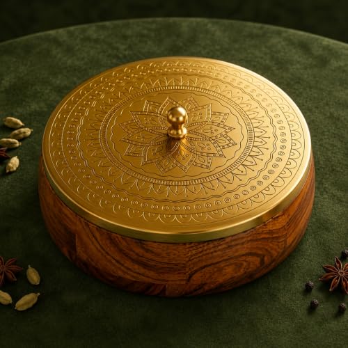 Image of Acacia Wood Masala Dabba with Brass-Finish Lid & 7 Stainless Steel Spice Containers + Spoon | Anjarai Petti Style Wooden Spice Box for Kitchen | Gifting Masala Box