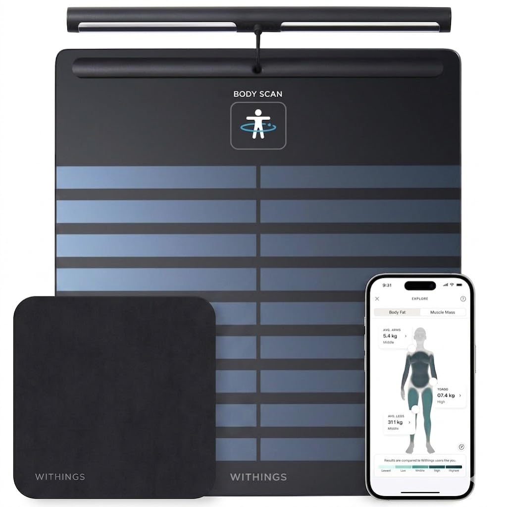 WITHINGS Body Scan + Cleaning Kit – Balance connectée validée cliniquement, Wi-F & Bluetooth, analyse segmentaire (graisse, muscle, eau), ECG, âge vasculaire