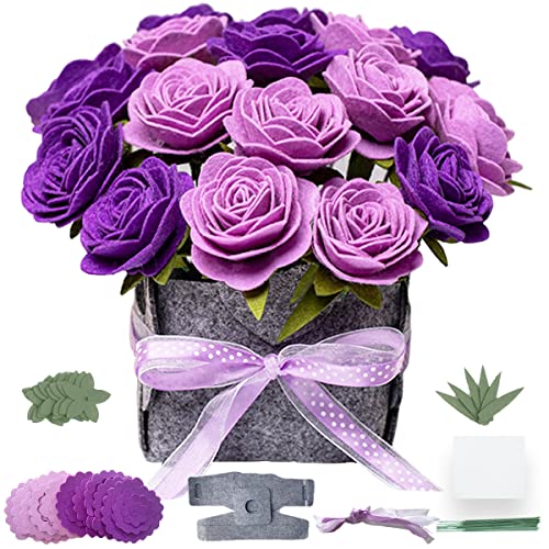 Image of BAZIMA ALICE DIY Felt Flower Art Craft Kit, DIY Purple Roses Pot Bonsai Kit, Floral Gifts, Beginner Craft Kit, Arrange Pre-Cut Flowers and Foliage