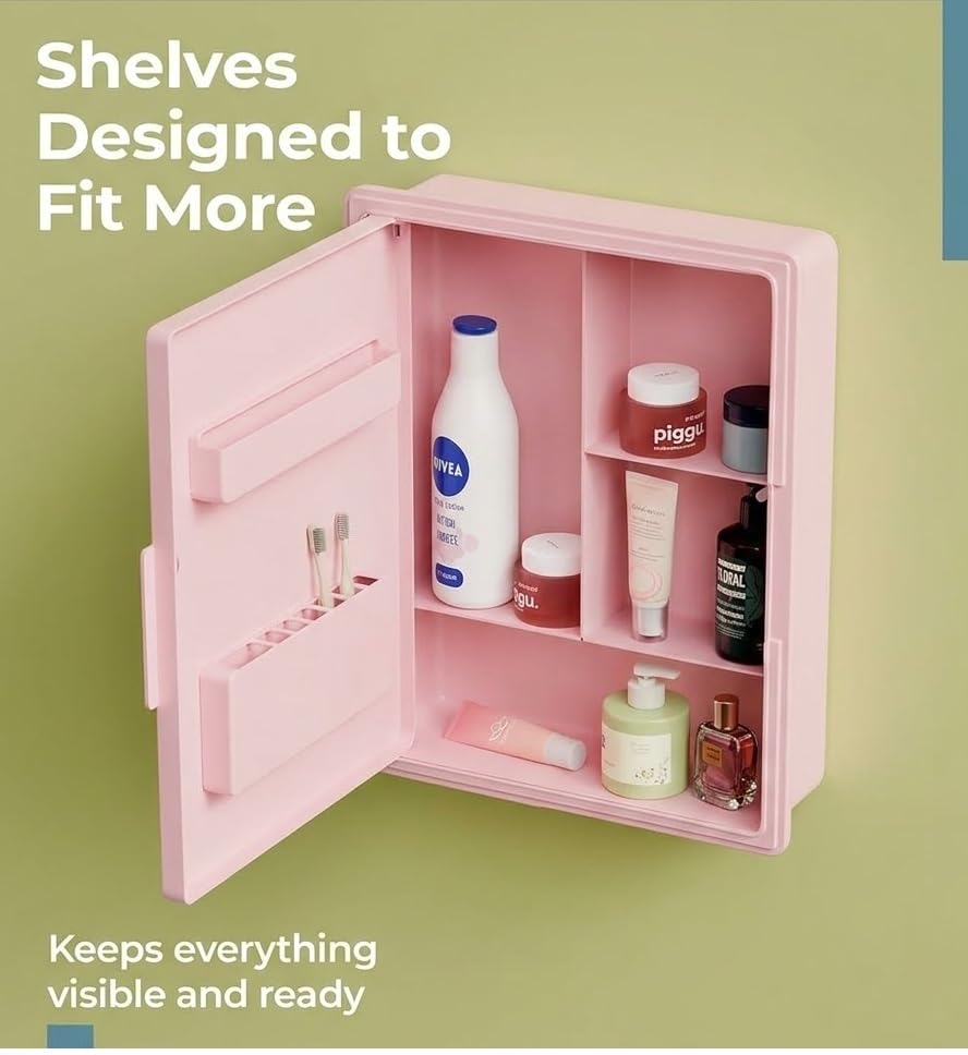 Image of zahab Wall Mounted Bathroom Mirror Cabinet 10x14 Inch | Plastic Storage Cabinet with Mirror | Waterproof Toiletry Organizer | Space Saving Bathroom Shelf (Pink)