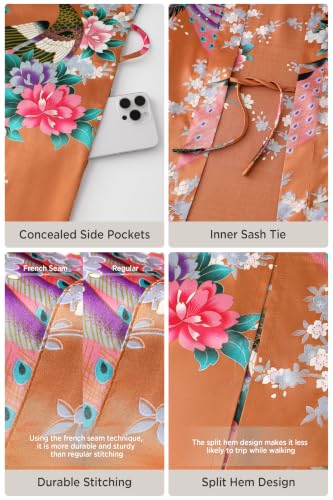 Image of BABEYOND Women's Kimono Robe Long Satin Robes with Peacock and Blossoms Printed Kimono Nightgown